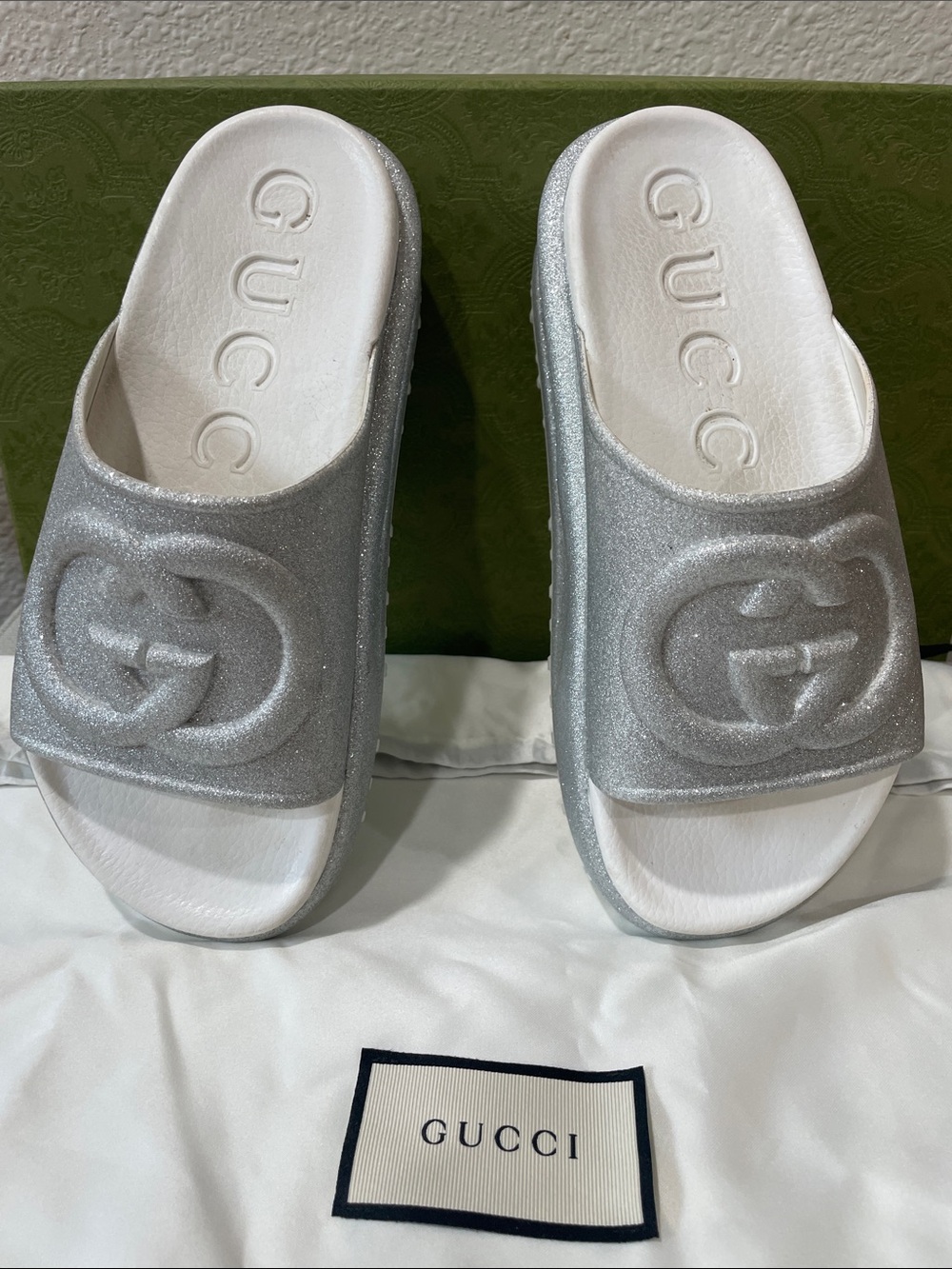 Gucci Silver Glitter Logo Slide Sandals with White Footbed